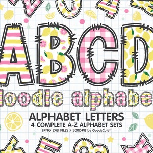 Pink Lemonade Doodle Alphabet Letters Sublimation Clipart PNG, Number & A-Z Uppercase and Lowercase Font Letters Complete Set Bundle