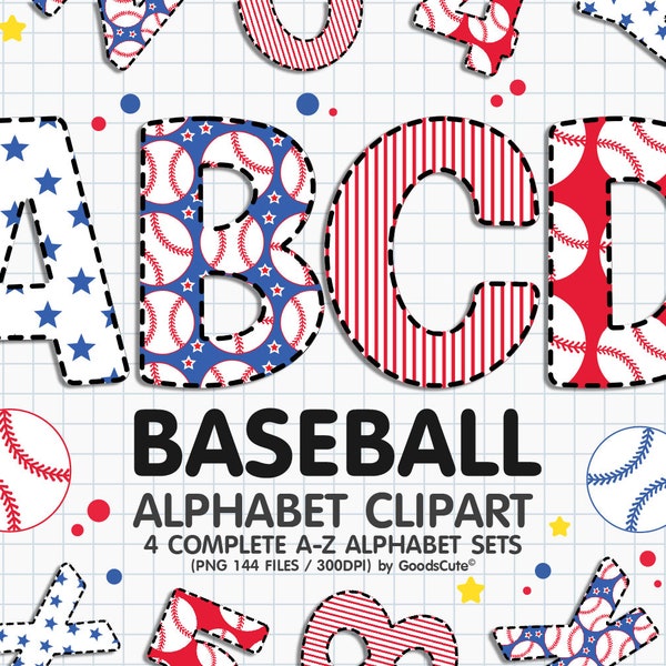 Baseball Doodle Alphabet Sublimation Clipart PNG, Number & A-Z Upper Case Font Letters Complete Set Bundle