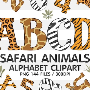 Safari Animals Doodle Alphabet Sublimation Clipart PNG, numero e lettere maiuscole A-Z, set completo di caratteri