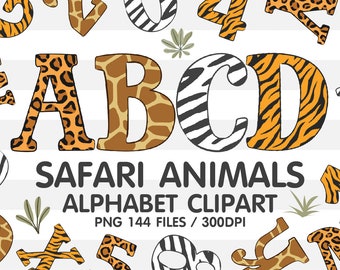 Safari Animals Doodle Alphabet Sublimation Clipart PNG, Number & A-Z Upper Case Font Letters Complete Set Bundle