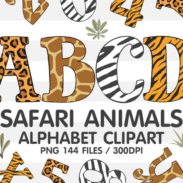 Safari Animals Doodle Alphabet Sublimation Clipart PNG, Number & A-Z Upper Case Font Letters Complete Set Bundle