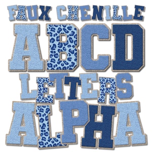 May include: Faux chenille letters in blue and navy with a leopard print pattern. The letters spell out "ABCD ALPHA".