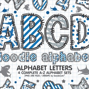 Shark Doodle Alphabet Letters Sublimation Clipart PNG, Number & A-Z Uppercase and Lowercase Font Letters Complete Set Bundle