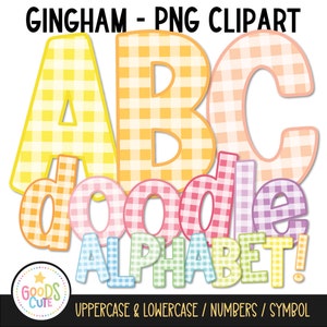 Pastel Gingham Plaid Letters Doodle Alphabet Png, Buffalo Plaid Alphabet Sublimation Png Bundle, Paquete de alfabeto digital Letras prediseñadas