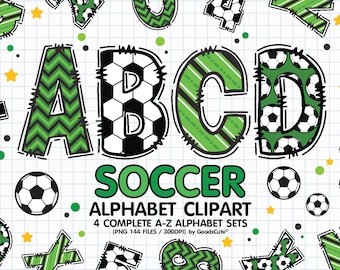 Soccer Doodle Alphabet Sublimation Clipart PNG, Number & A-Z Upper Case Font Letters Complete Set Bundle