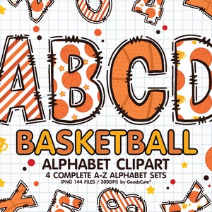 May include: Basketball-themed alphabet clipart featuring the letters A, B, C, and D in orange and white. The letters have basketball and striped patterns. The word "BASKETBALL" is in orange, and the text "ALPHABET CLIPART" is below it. The image includes basketballs, stars, and a trophy.
