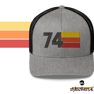 74 50th Birthday Gift for Women Men 1974 Retro Trucker Hat for Men Women Custom Embroidery Birthday Hat for Him or Her Heather/ Black