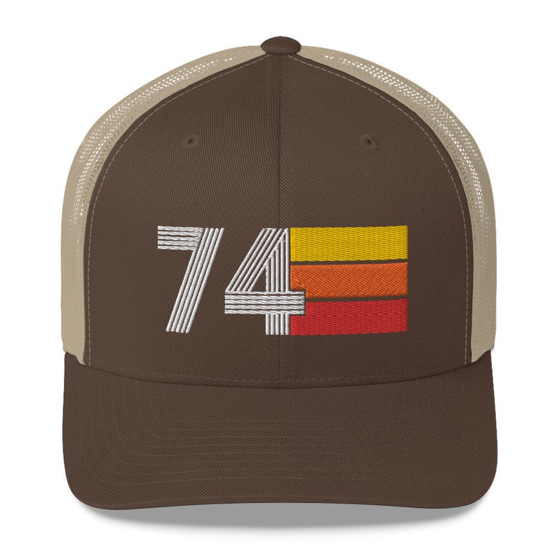 74 50th Birthday Gift for Women Men 1974 Retro Trucker Hat for Men Women Custom Embroidery Birthday Hat for Him or Her Brown/ Khaki