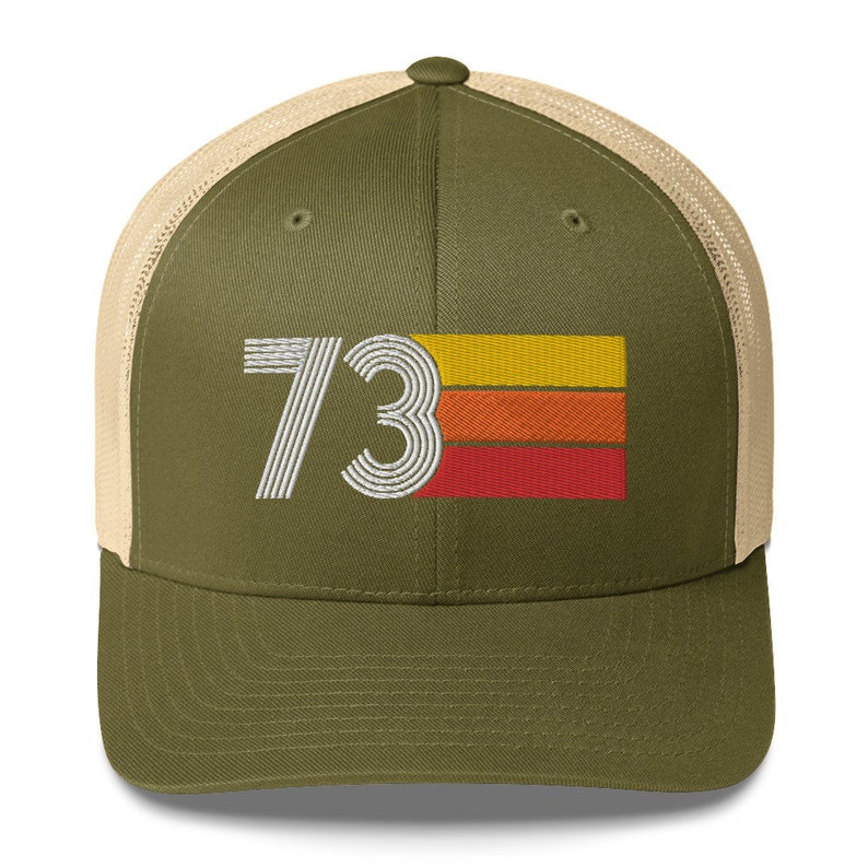 73 1973 Retro Trucker Hat for Men Women Custom Embroidery Birthday Hat for Him or Her Moss/ Khaki