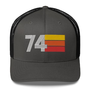 74 50th Birthday Gift for Women Men 1974 Retro Trucker Hat for Men Women Custom Embroidery Birthday Hat for Him or Her Charcoal/ Black