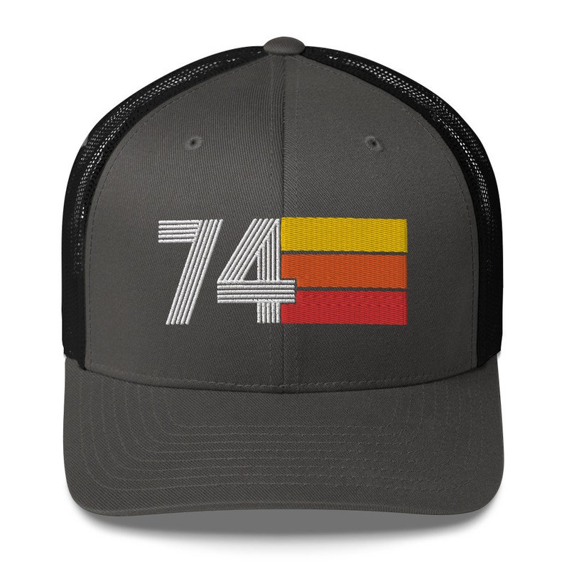 74 50th Birthday Gift for Women Men 1974 Retro Trucker Hat for Men Women Custom Embroidery Birthday Hat for Him or Her Charcoal/ Black