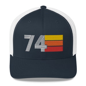 74 50th Birthday Gift for Women Men 1974 Retro Trucker Hat for Men Women Custom Embroidery Birthday Hat for Him or Her Navy/ White