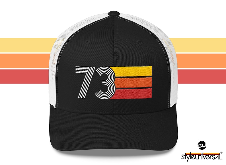 73 1973 Retro Trucker Hat for Men Women Custom Embroidery Birthday Hat for Him or Her Black/ White