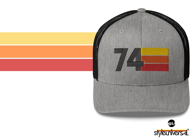 74 50th Birthday Gift for Women Men 1974 Retro Trucker Hat for Men Women Custom Embroidery Birthday Hat for Him or Her Heather/ Black