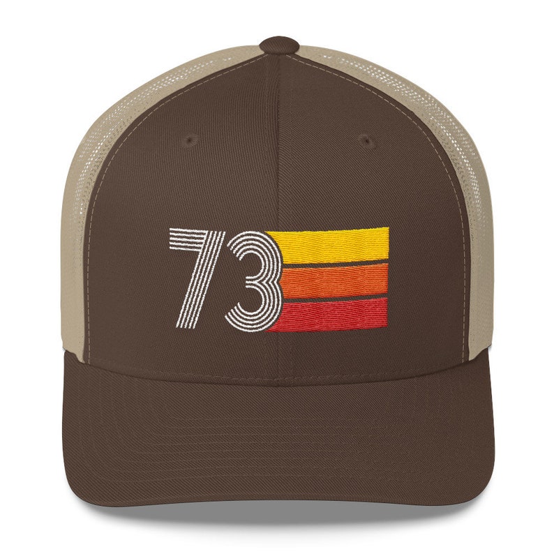 73 1973 Retro Trucker Hat for Men Women Custom Embroidery Birthday Hat for Him or Her Brown/ Khaki