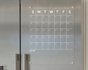 The ORIGINAL ACRYLIC FRIDGE calendar | Magnetic acrylic with notes on the bottom | Dry erase calendar with white text