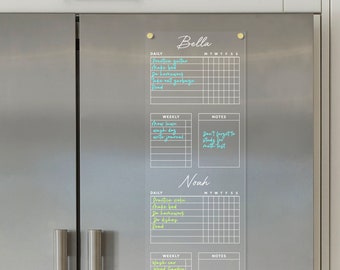 FRIDGE chore chart | Magnetic acrylic  | Dry erase chart for 2 children | white text