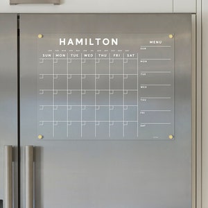 Custom Family Name Magnetic Acrylic Fridge Calendar with Menu | Dry Erase Ghost-Free Kitchen Planner | Clear Acrylic Fridge Organizer