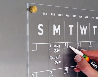The ORIGINAL ACRYLIC FRIDGE calendar | Magnetic acrylic with notes on the bottom | Dry erase calendar with white text