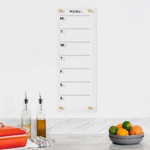 Vertikales Menübrett aus Acryl Minimalistisches Wand-Menü-Brett mit polierten Kanten | Personalisierter trocken abwischbarer Wandplaner