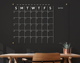 Acrylic Calendar with side notes - Dry Erase Calendar for wall -  WHITE TEXT - Lucite Calendar