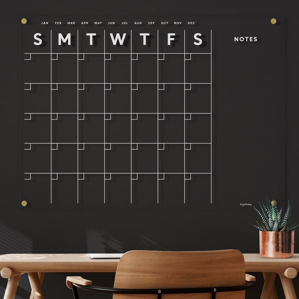 Acrylic Calendar with side notes - Dry Erase Calendar for wall -  WHITE TEXT - Lucite Calendar