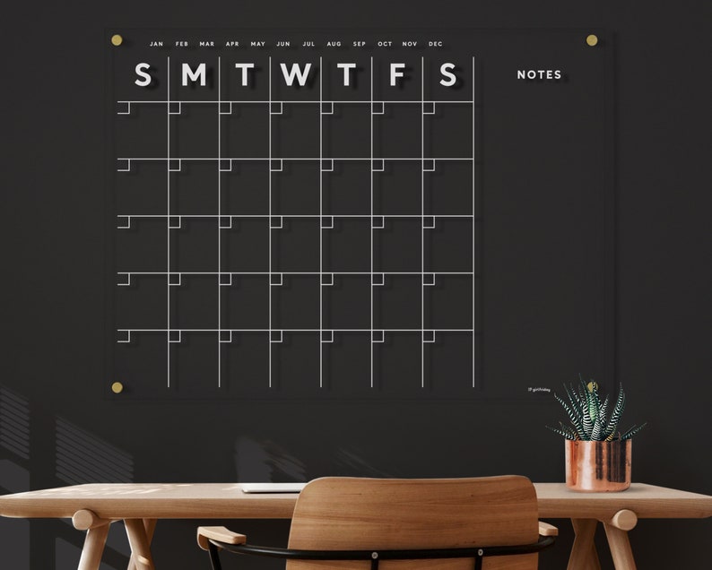 Acrylic Calendar with side notes Dry Erase Calendar for wall WHITE TEXT Lucite Calendar image 1