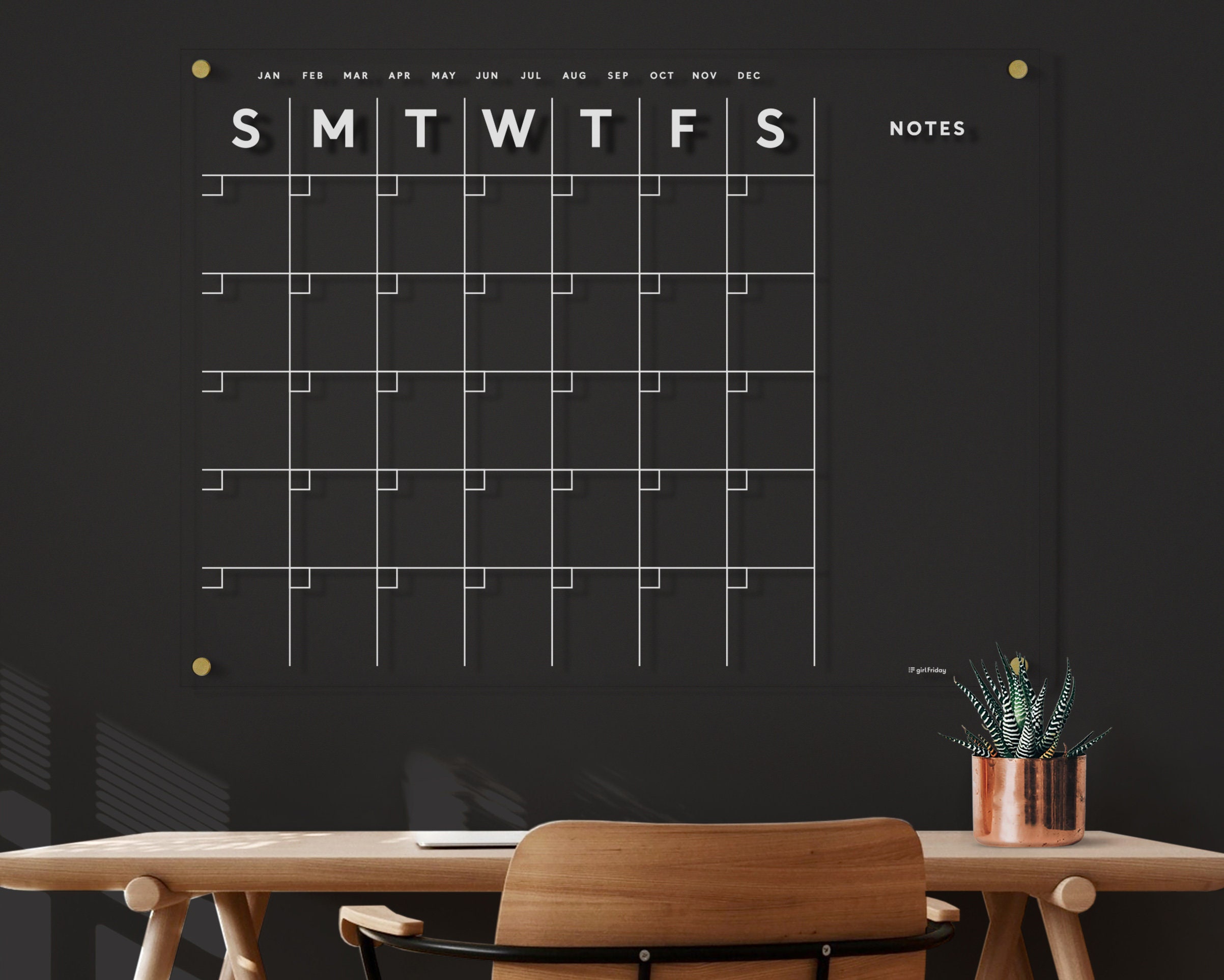 Acrylic Dry Erase Calendar with Side Notes | White Text Lucite Wall Planner | Clear Polished Edge Organizer | Modern Acrylic Wall Planner