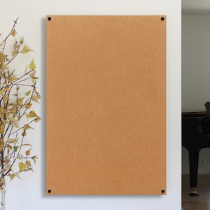 May include: A large corkboard with a brown, textured surface. The corkboard is mounted on a white wall with black push pins in each corner.