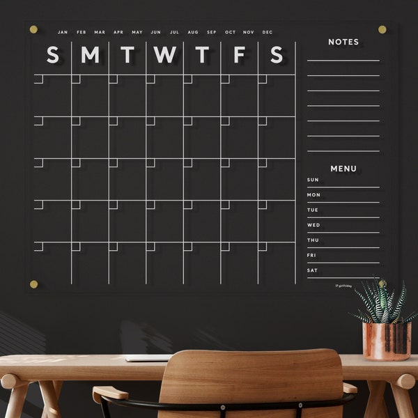 Minimalist Clear Acrylic Calendar | Customized Side Sections | Monthly Dry Erase Calendar | Lucite Board with White Text