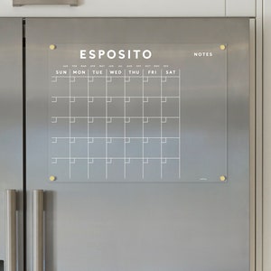 Custom Family Name Magnetic Acrylic Fridge Calendar | Dry Erase Refrigerator Decor with Side Notes | Modern Clear Acrylic Calendar