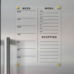 Magnetic Weekly Menu Planner Calendar | Acrylic Fridge Calendar | Customizable Dry Erase Command Center | Non-staining Clear Acrylic Decor