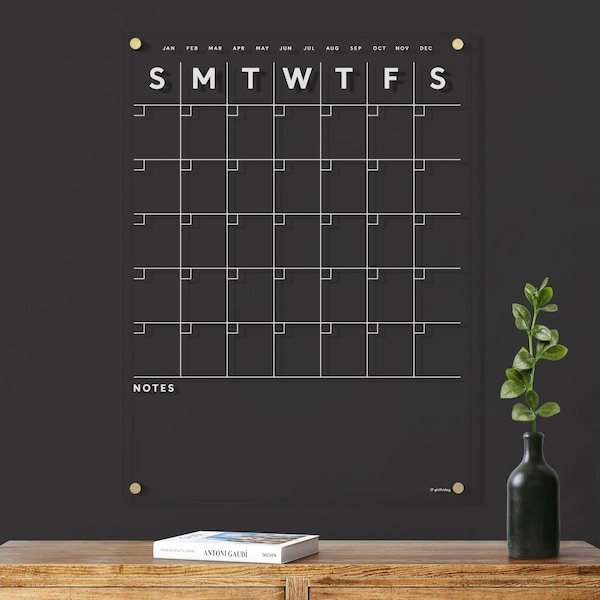 Stylish Acrylic Wall Organizer | White Text Acrylic Calendar | Dry Erase Board for Dark Walls | Minimalist Reusable Monthly Planner |