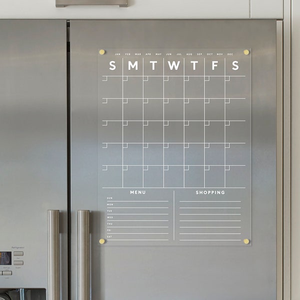 The ORIGINAL ACRYLIC FRIDGE calendar | Magnetic acrylic with customizable sections on the bottom | Dry erase calendar with white text