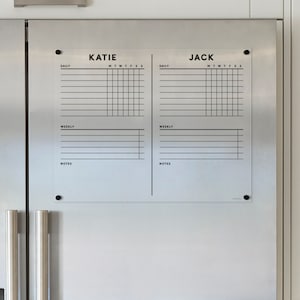 Magnetic Acrylic Dry Erase Chore Chart for 2 Children | Custom Name Calendar | Non-Staining Chore Chart | Kitchen Organization Board
