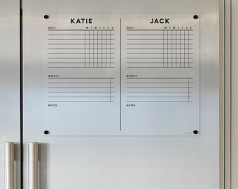 Tabella delle faccende domestiche magnetica in acrilico cancellabile a secco per 2 bambini / Calendario con nome personalizzato / Tabella delle faccende domestiche antimacchia / Pannello organizzativo per la cucina