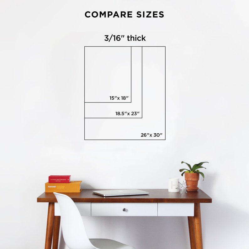 Op de afbeelding: Een diagram dat de verschillende formaten van een canvasprint laat zien. De formaten zijn 15 inch bij 18 inch, 18,5 inch bij 23 inch en 26 inch bij 30 inch. Het canvas is 3/16 inch dik.