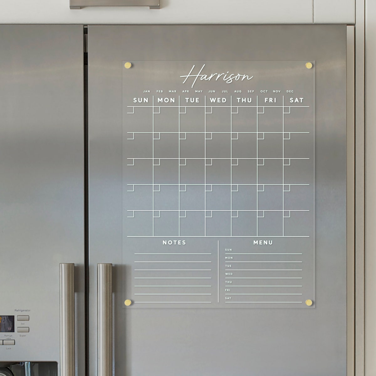 Elegant Custom Family Fridge Calendar | Modern Kitchen Organization Board | Clear Acrylic Dry Erase Calendar With Customizable Sections - Etsy