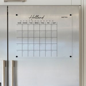 Custom Family Name Magnetic Acrylic Fridge Calendar with Side Notes | Black Text Dry Erase Calendar | Ghost-Free Acrylic Kitchen Organizer