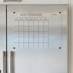 Custom Family Name Magnetic Acrylic Fridge Calendar | Strong Corner Magnets | Clear Acrylic Fridge Decor with Custom Sections