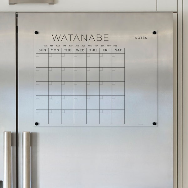 FRIDGE calendar Custom Family Name | Magnetic acrylic with side notes  | Dry erase calendar