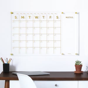 Acrylic Calendar with side notes GOLD TEXT Dry Erase Calendar for wall Reusable, Forever Calendar image 1