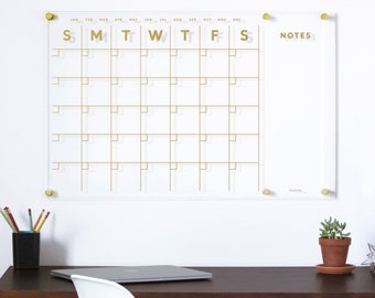 Acrylic Calendar with side notes GOLD TEXT | Dry Erase Calendar for wall | Reusable, Forever Calendar