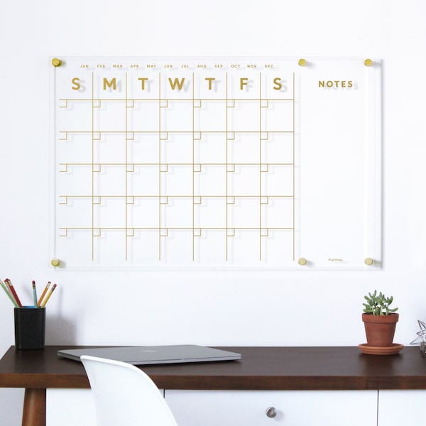 GOUDEN TEKST Doorzichtige acrylkalender met kantnoten | Herbruikbare, droog uitwisbare muurdecoratie | Kalender voor altijd | Hoogwaardige wanddecoratie voor thuiskantoren