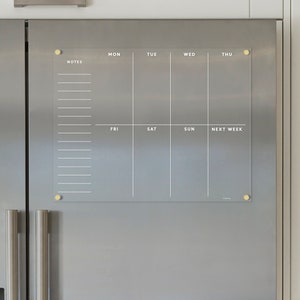 Magnetic Acrylic Weekly Fridge Calendar with Notes | Clear Acrylic Planner with White Text | Kitchen Organization Board
