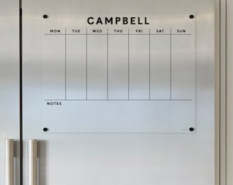 Calendario semanal de nevera personalizado con notas / Calendario de borrado en seco acrílico magnético / Planificador familiar personalizado / Planificador semanal