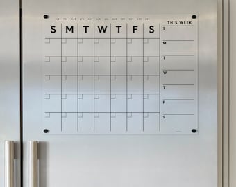 Magnetic Acrylic Dry Erase Fridge Calendar with One Week and One Month | Durable Non-Staining Kitchen Organization Board | Family Organizer