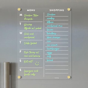 Menu et liste de courses magnétiques en acrylique pour réfrigérateur | Organiseur de cuisine de 9 x 12 po. | Tableau transparent effaçable à sec | Agenda de repas magnétique en acrylique sans effet fantôme