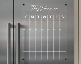 Custom Family Name Magnetic Acrylic FRIDGE Calendar | Dry Erase Calendar with Polished Edges | Clear Fridge Planner | Two Sizes Available