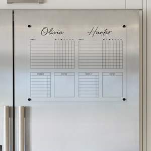 Magnetic Acrylic Dry Erase Fridge Chore Chart for 2 Kids | Stain-Free Family Planner | Durable Writing Daily Planner | Includes Marker